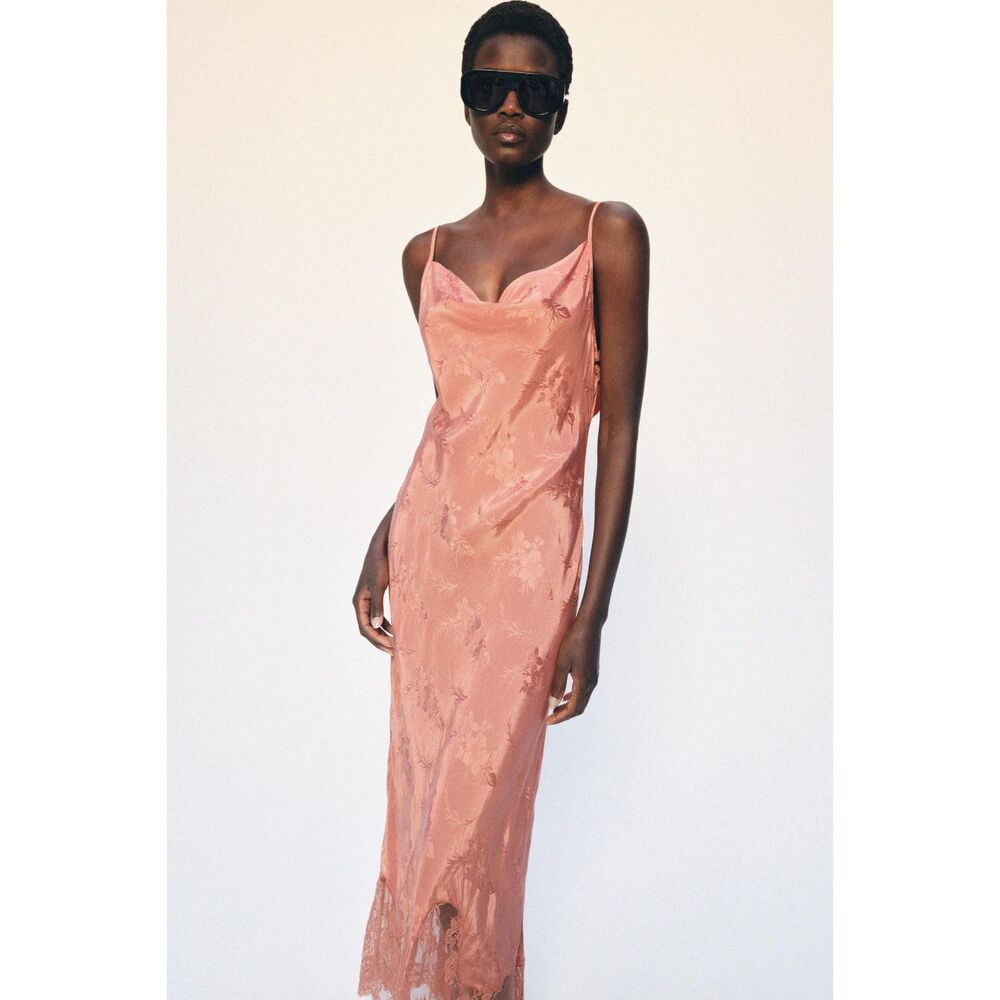 Zara ZW Collection Lace Jacquard Maxi Dress XS NWT Salmon